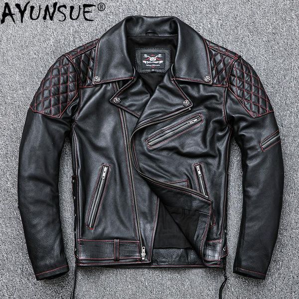 

men's leather & faux ayunsue real cow jacket men motorcycle genuine coat cowhide biker jackets 2021 kj4729, Black
