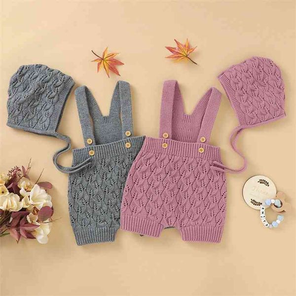 

infant baby pure color romper born boy girl clothes rompers + hat autumn boys girls knitted suspender trousers 210521, Blue