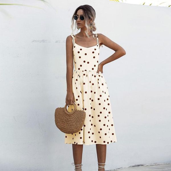 

casual dresses wave point summer dress women polka dot sundress backless slim spaghetti strap clothes boho beach vestidos, Black;gray