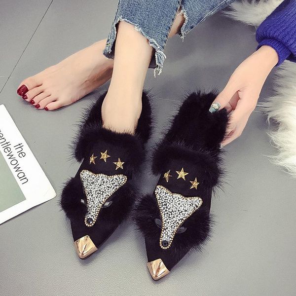 

boots furry womens rhinestone fur shoes women's ankle pointed flat autumn winter black women