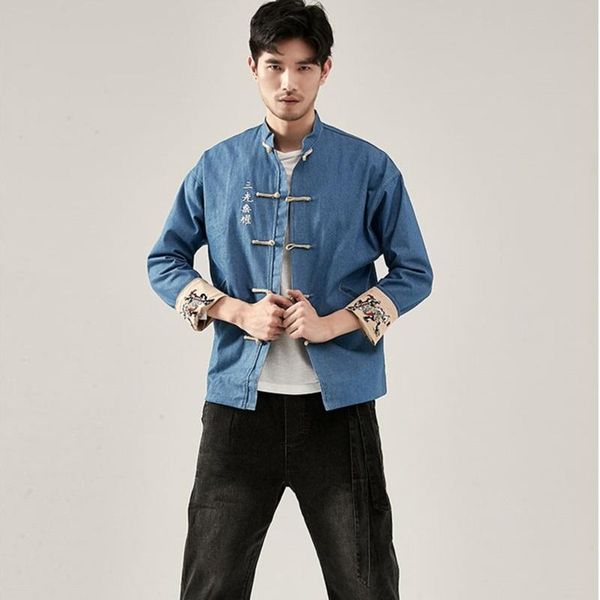 

ethnic clothing 2021 chinese style denim jacket men clothes jeans embroider asian streetwear black outerwear tang suit 30378, Red