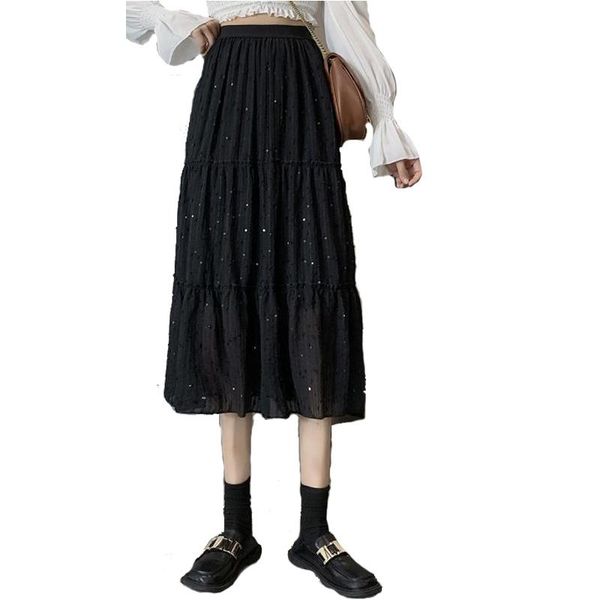 

skirts 2021 super fairy sequin a-line skirt looks thin and versatile chiffon summer, Black