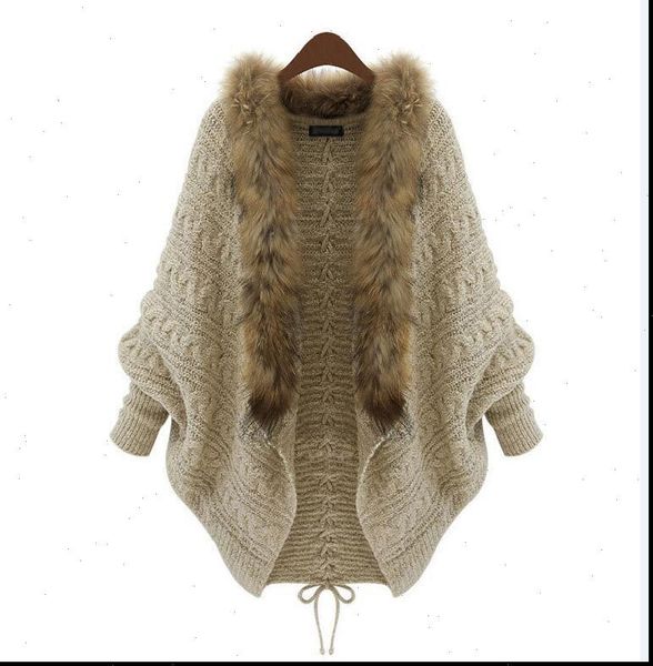 

womens sweater oversize autumn cape winter women fur neck knitted cardigans female long batwing sleeves vintage open stitch shirt, White;black