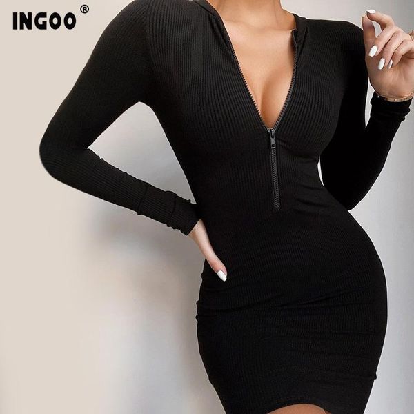 

casual dresses ingoo solid knitted dress women autumn zip-up slim long sleeve black gray ribbed v neck short bodycon mini winter female