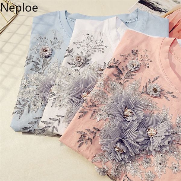 

neploe embroidery flowers appliques beading t shirts women 2021 summer o neck short sleeve stylish female tees mujer 210317, White