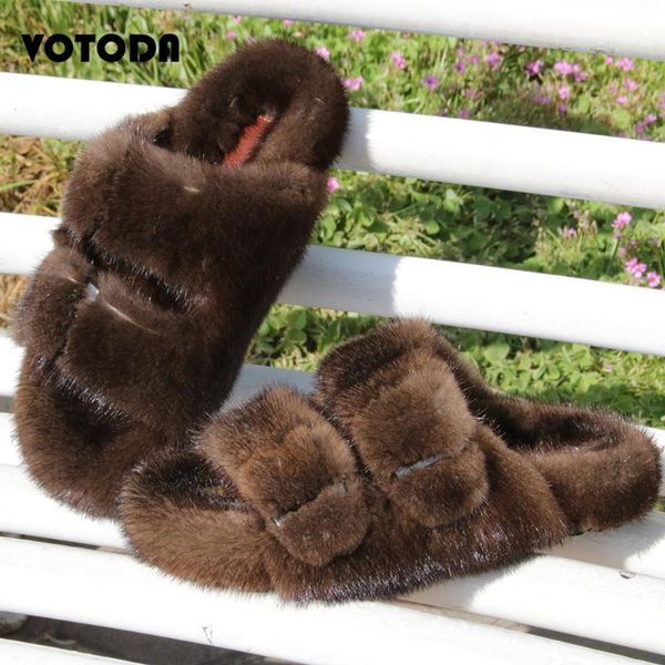 

slippers women fur slides luxury mink outdoor double breasted flat flip flops real hair sandals ladies plush shoes, Black