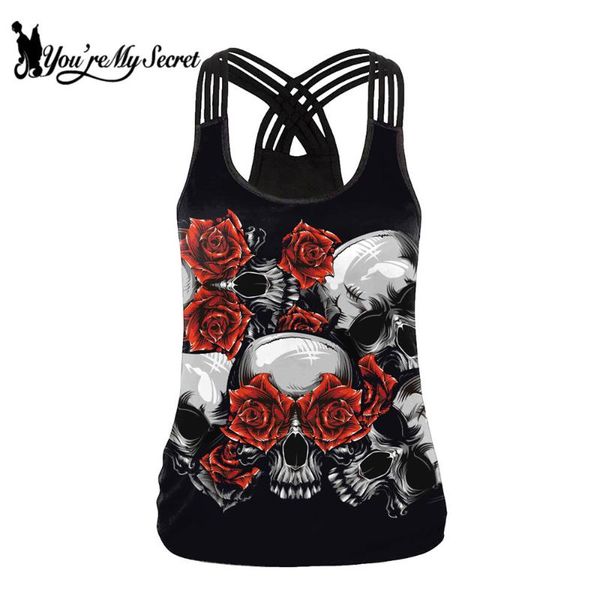 

women's tanks & camis [you're my secret] summer fashion 3d printing skull tank for women vest gothic red rose backless sling b, White