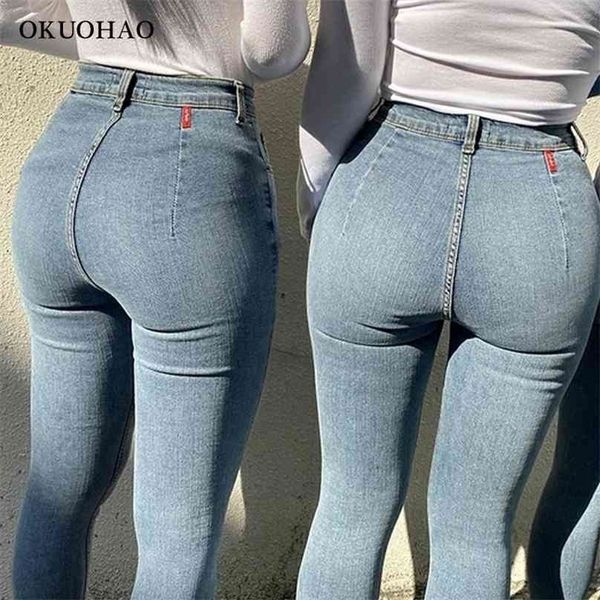 

women's jeans high waist stretch skinny denim trousers blue retro washed fashion elastic slim pencil pants oversize 210915