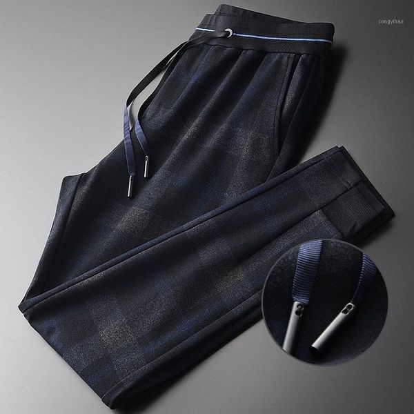 

men's pants yarn-dyed plaid mens luxury autumn combined fabric elastic waist men plus size 4xl slim fit sport man, Black