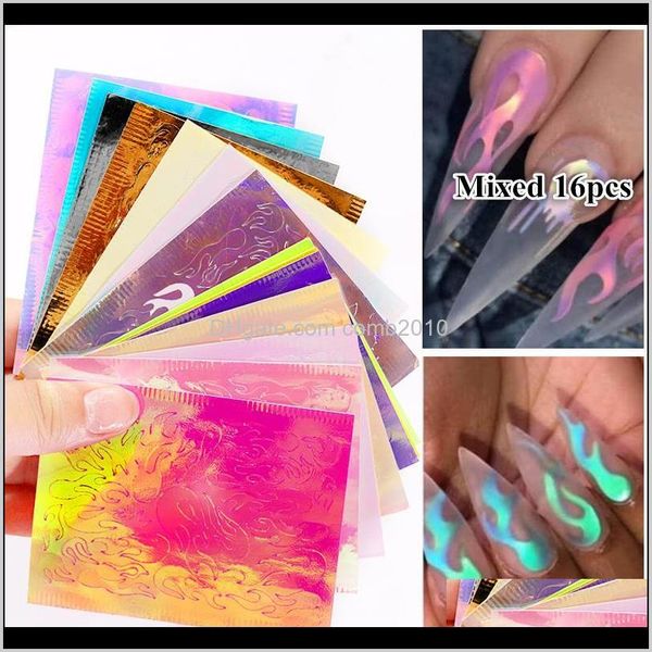 

16pcs 3d holographic fire flame nail vinyls stickers glitter laser flames nail art foil transfer sticker fire decal decorations set 61 fixwf, Black
