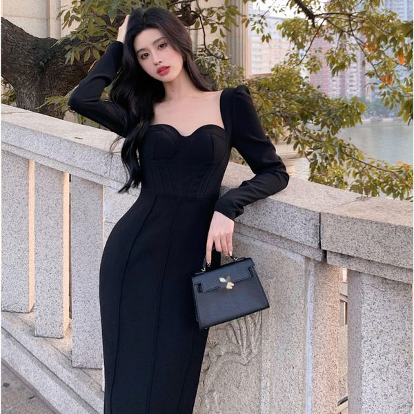 

costumes french black retro temperament square neck dress female autumn 2021 new mid-length dresses waist slim long-sleeved dress ztcx