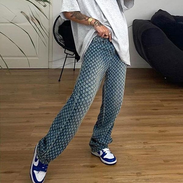 

women's jeans fashion plaid hollow out streetwear women club high waist button straight pants korean baggy denim holes, Blue