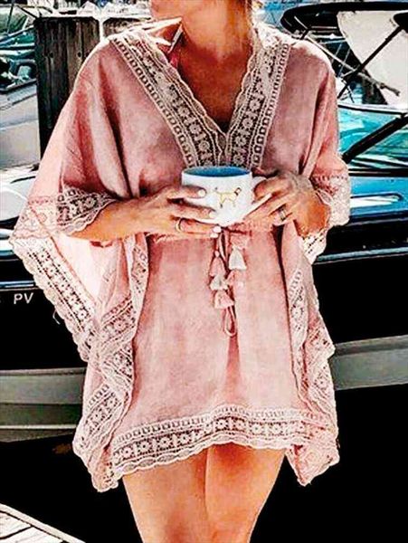 

boho beach woman lace crochet hollow mini cover-ups dress elastic collect waist swimwear kaftan batwing swimsuit cover up, White;black