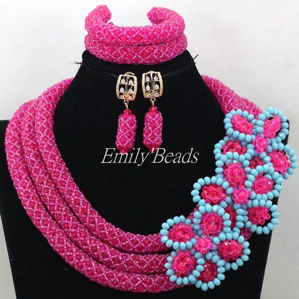 

wedding jewelry sets lovely fuchsia pink african costume women set crystal nigerian necklaces 2021 aij983, Slivery;golden