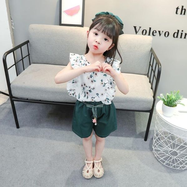 

kids clothes girls sets summer toddler baby outfits flower print t-shirt belt shorts set vetement fille clothing, White