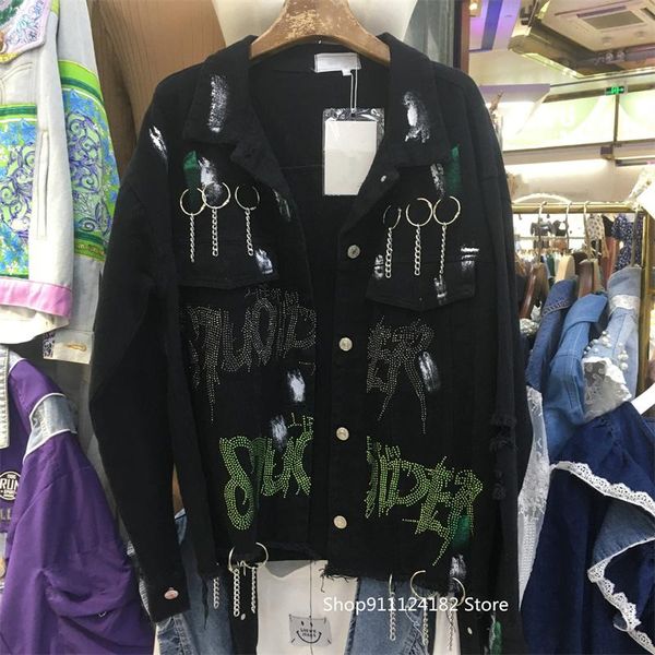 

women's jackets spring /autumn european and american punk style couples iron chain denim jacket hip-hop drilling burr hole tide, Black;brown