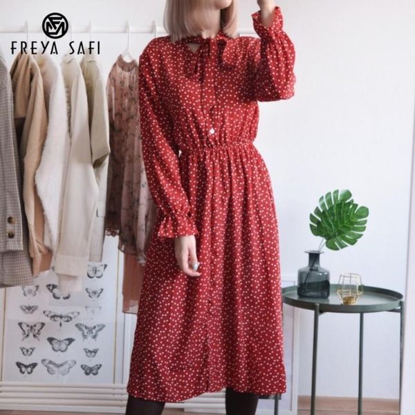 

casual dresses elegant stand collar polka dot chiffon women dress flare sleeve side split female 2021 spring midi vestidos, Black;gray