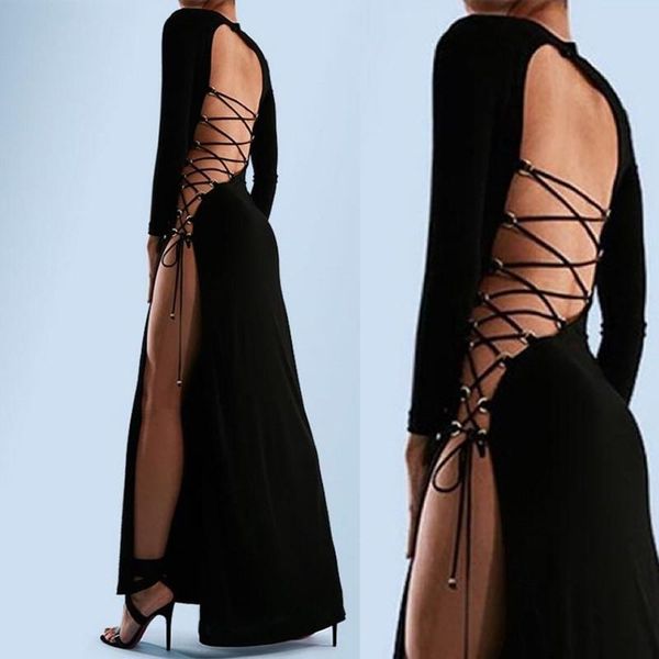 

casual dresses black fall 2021 fashion bandage long sleeve vestidos backless maxi dress elegant side split party clubwear bodycon, Black;gray