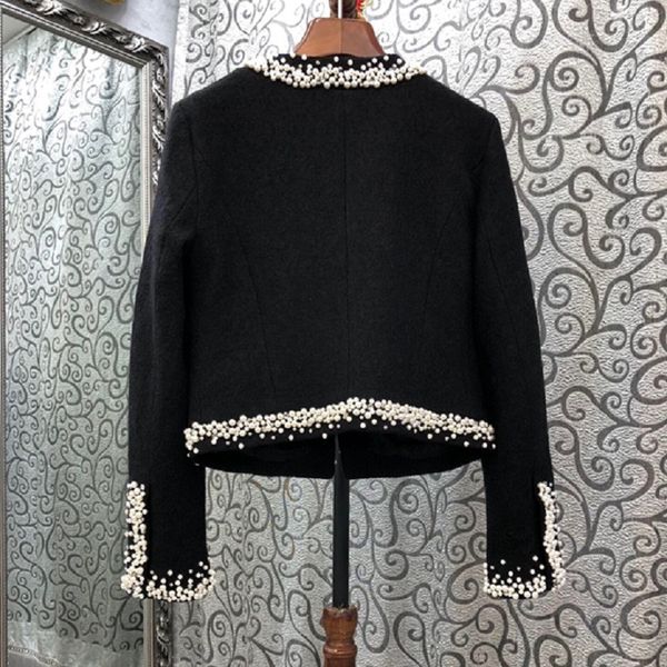 

2021 autumn winter fashion jackets coat women hand made beading deco long sleeve black basic wool coats
