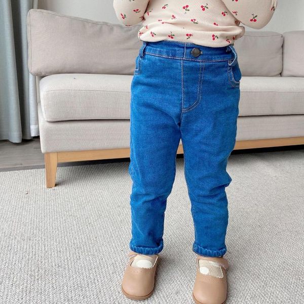 

winter girls jeans casual solid elastic waist thicken denim pants for girl 2-6 y baby child plus velvet warm trousers, Blue
