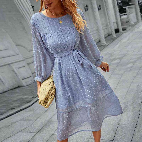 2022 Spring Fashion Polka Dot Midi Dress per le donne Blu O-Collo Abiti a maniche a lanterna Paty Ladies Streetwear Abiti estivi G1214