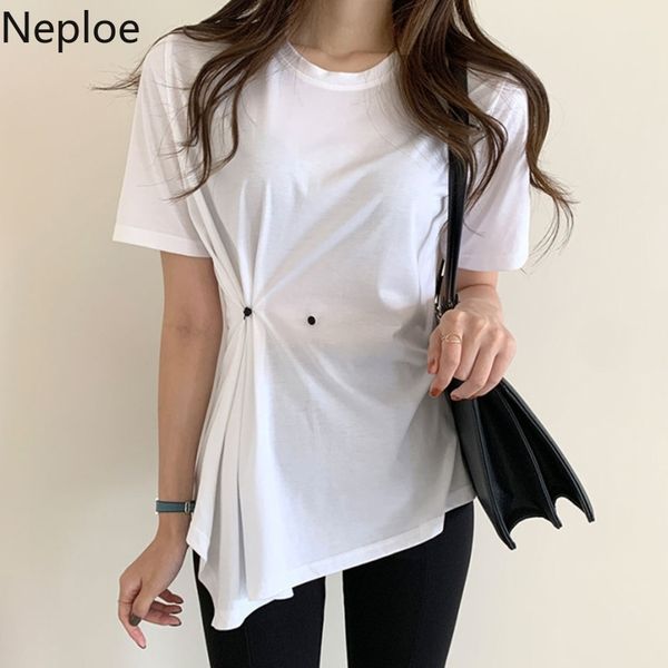 

neploe white shirt round neck short sleeve cotton tshirt women summer korean chic tees irregular slim waist femme 210422