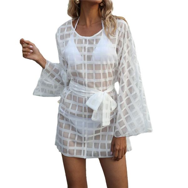 

xingqing women's plaid dresses round neck long sleeve lace up waist beach dress loose swimsuit for female clothing ladies swimwear, White;black