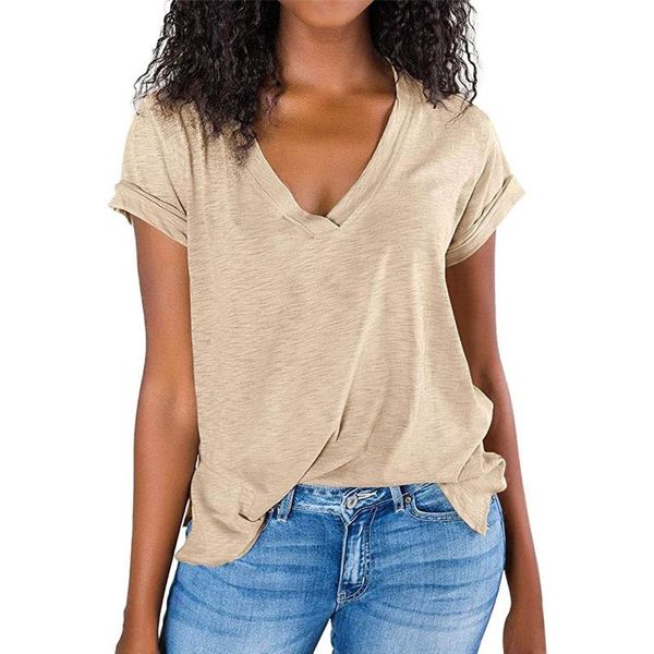 

women's t-shirt summer casual solid color tee shirts women 2021 fashion v-neck short sleeve t-shirts clothing for vestidos de mujer, White