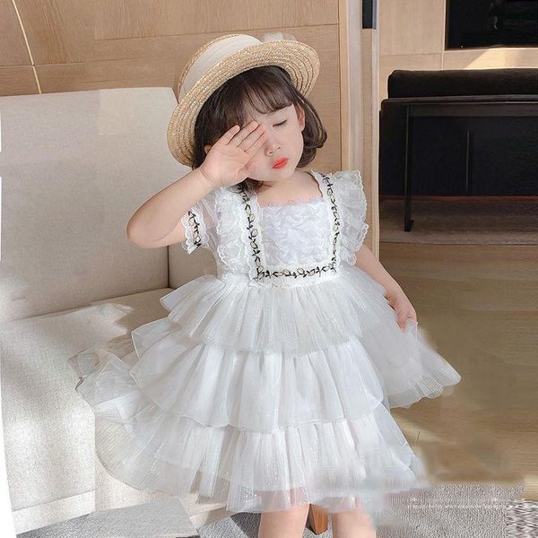 

summer girls dress lace short sleeve princess layered white dresses wedding birthday party kids children clothes girl's, Red;yellow