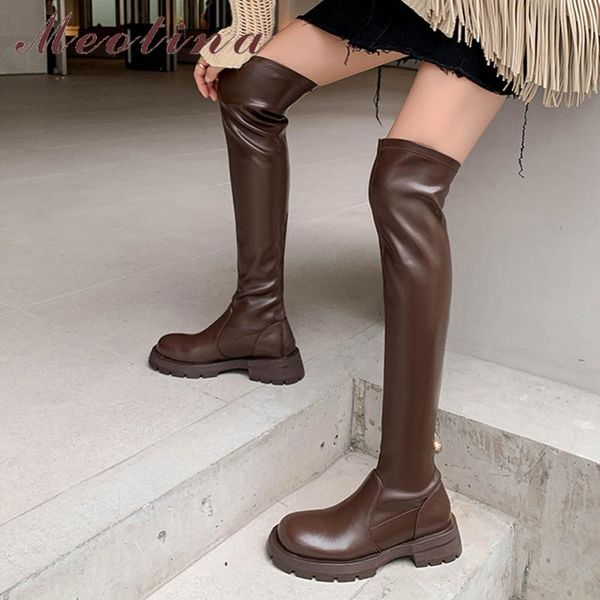 

boots meotina women fashion genuine leather thick med heel ladies round toe over the knee autumn winter brown 40, Black