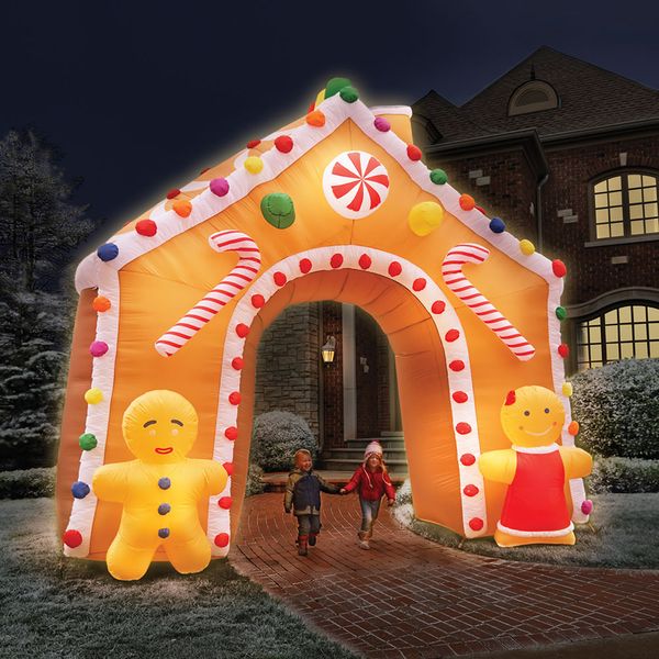 Riesiges aufblasbares Lebkuchenhaus mit LED-Lichtern, weihnachtlicher luftgeblasener Torbogen, Torbogen für die Dekoration von Hof, Garten und Rasen im Freien