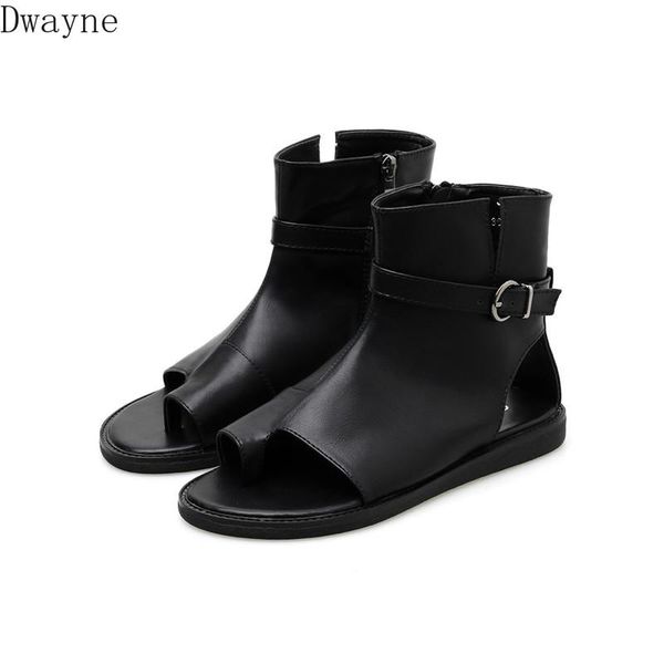 

roman open toe flat sandals wild belt buckle casual retro high shoes women, Black