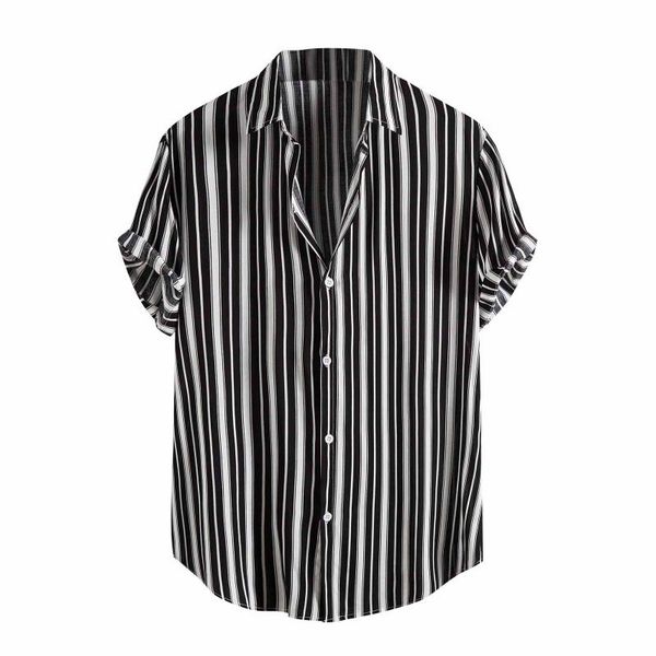 

men's casual shirts men shirt 2021 streetwear summer fashion stripe short sleeve blouse hawaiian button chemise homme, White;black