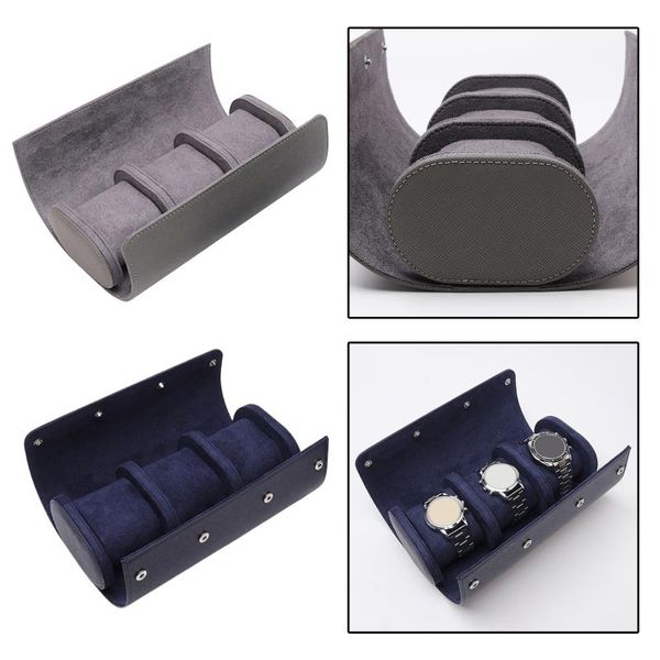 

watch boxes & cases leather case roll holder organizer portable jewelry round box cylinder, Black;blue