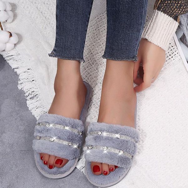 

slippers warm fluffy women rhinestone decoration casual flat-bottomed plush cotton cozy faux fur indoor floor slides, Black