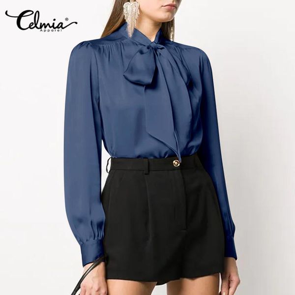 

women's blouses & shirts celmia casual workplace satin bow tie neck office lady elegant long sleeve blusa 2021 autumn fashion, White