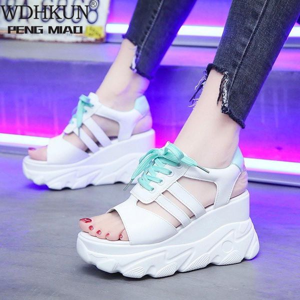

summer women platform sandals fashion lace up design white 7cm increasing thick sole casual shoes female, Black