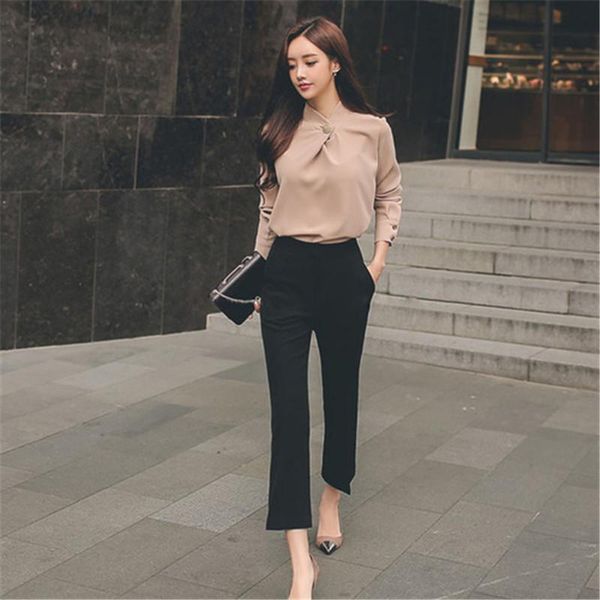 

women's two piece pants women business suit 2 set office work wear bodycon vestidos fashion chiffon shirt elegant black straight, White