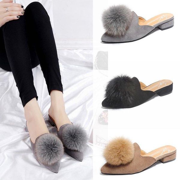 

lazy slippers shoes autumn slippers female fur ball thick with pointed fashion british wind flat heel for travel apr, Black