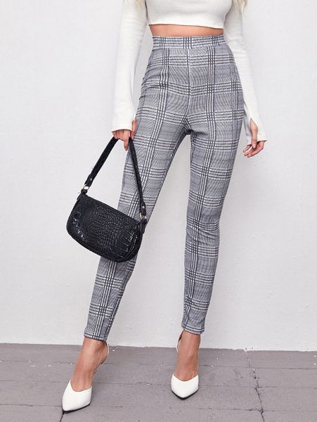 

elastic waist plaid pants i5tx#, Black;white