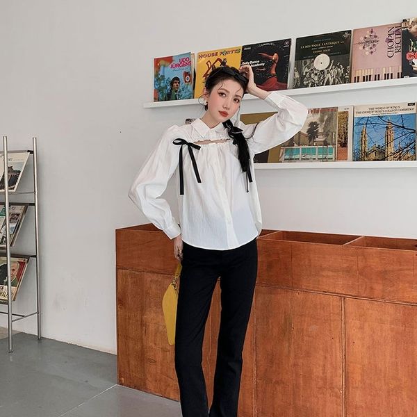 

women's two piece pants white hollow out puff sleeve long button up bow tie collared shirt designer korean blouse 2021 fashion