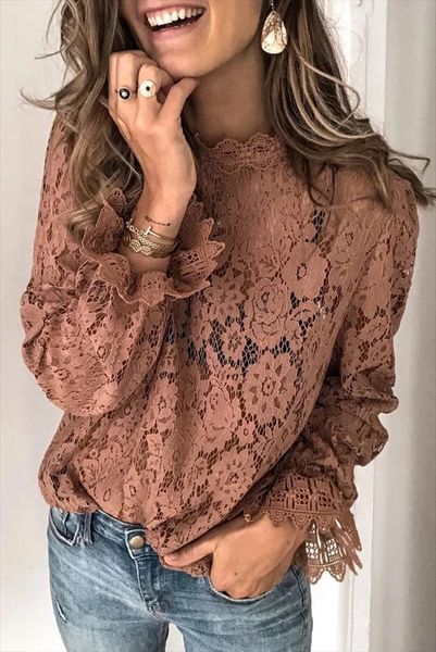

lace hollow elegant flowers women blouses long sleeve o neck office lady see through, White