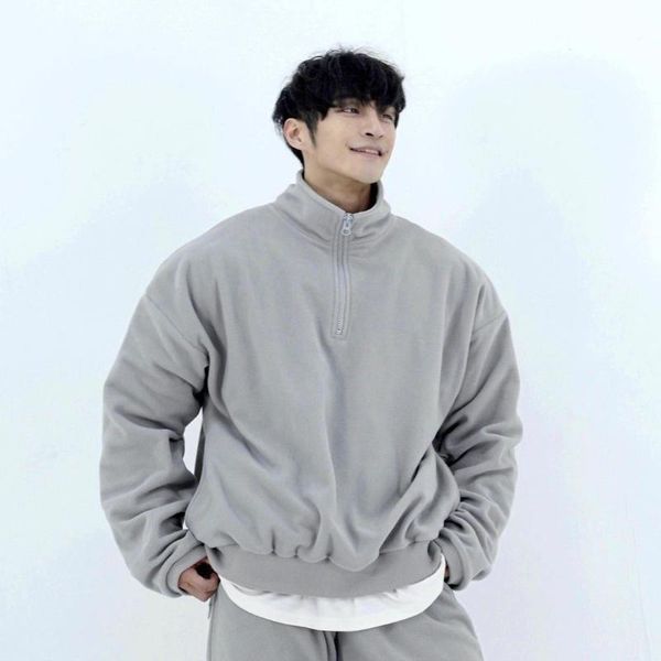 

men's hoodies & sweatshirts fall/winter padded sweatshirt plush collar standing shirt loose large size embroidered shoulder jacket soli, Black