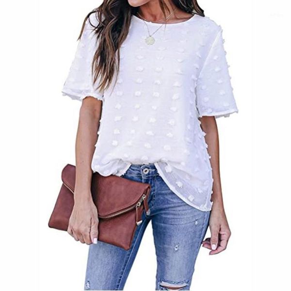 

women's blouses & shirts summer solid short sleeve strappy cold shoulder t shirt polka dot color mesh #yg, White
