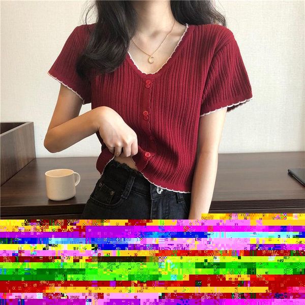 

women's t-shirt summer girl student ice silk short sleeve v-neck slim high waist fashion, White
