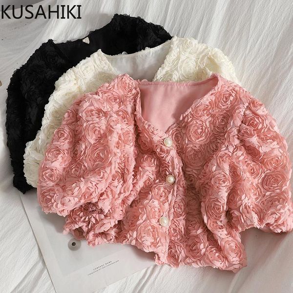 

women's blouses & shirts kusahiki korean 3d gauze flowers women puff sleeve v-neck summer 2021 short blusas mujer de moda 6k296, White