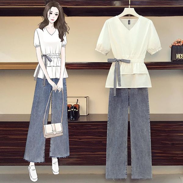 

women's jeans the summer 2021 big yards fat younger sister fashionable western style jacket show thin wide-legged suit 8810, Blue