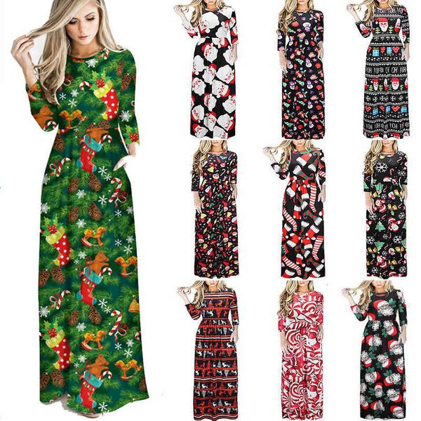 

winter christmas dresses women christmas tree print elegant high waist party maxi dress casual o neck long sleeve lady xmas robe 210507, Black;gray