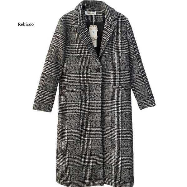 

women's wool & blends autumn winter trench women jacket long casual plaid coat thickness warm woolen button pocket jackets outwear, Black