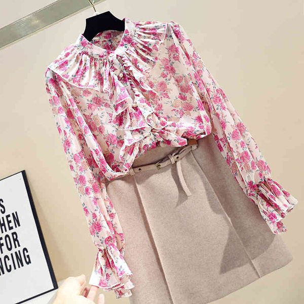 

shirt spring long stand collar flare sleeve ruffled women fashion up, White